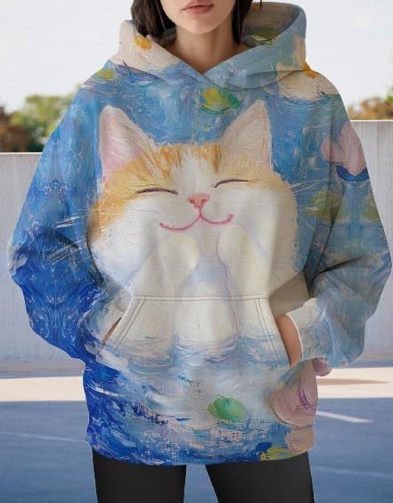 Womens Funny Cat Hoodies Oversized Graphic Hooded Sweatshirt for Women Fall Plus Size Pullover Hoodie Y2K