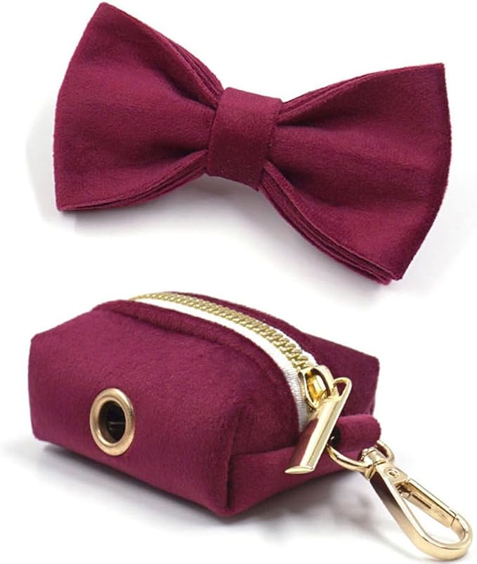 PETDURO Custom Dog Collar Personalized with Name Engraved Gold Metal Buckle for Large Medium Small Girl Dogs - Dog Leash Bow Tie and Harness Available - Soft Comfy Velvet (Claret G, S)