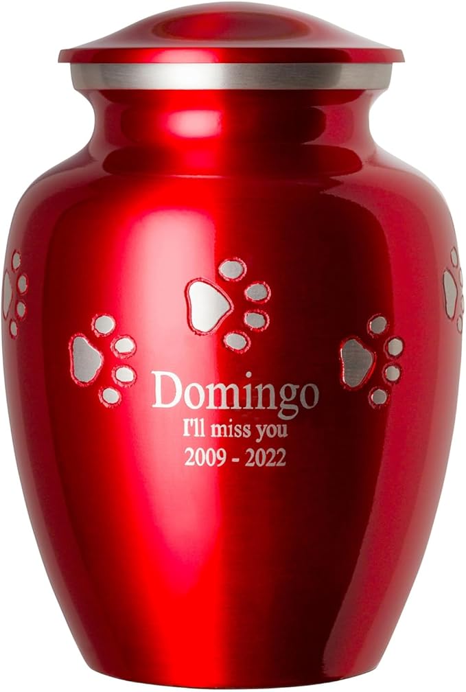 Pet Urn for Dogs and Cats with Personalized Laser Engraving, Ottillie Paws Premier Series Memorial Urns (Medium Ruby Red with Horizontal Pewter Paws)