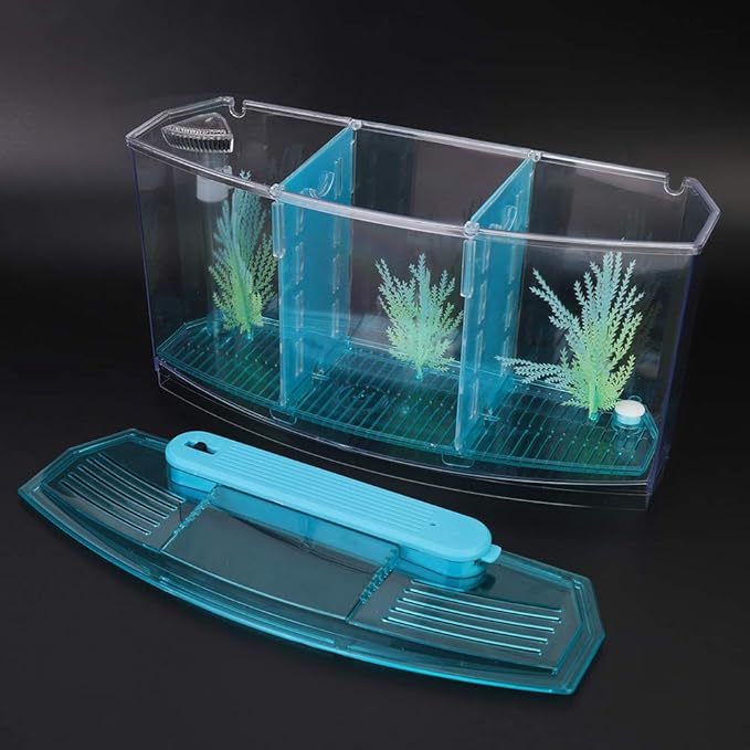 Fish Breeding Box, Aquarium Breeder Box Guppy Breeder Box Acrylic Fish Breeding Box Three Divisions Breeding Isolation Box with LED (Blue)