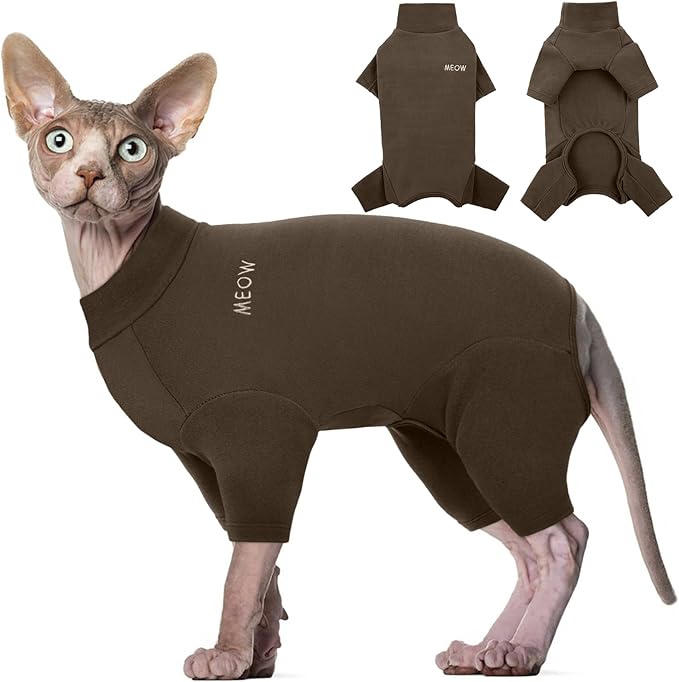 ROZKITCH Hairless Cat Shirt, Turtleneck Sweater for Cat, Sphynx Cats Shirt Hairless Sweaters with Sleeves, Warm and Soft Kitten Pullover Fleece Winter Pajamas Jumpsuit for Puppy Cats Coffee S