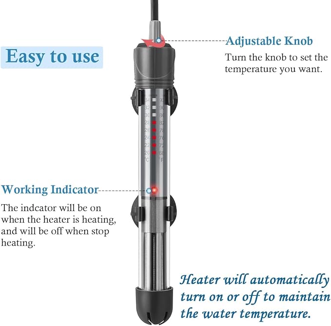 HITOP 25W 50W Adjustable Aquarium Heater, Submersible Fish Tank Heater Thermostat with Suction Cup (25W)