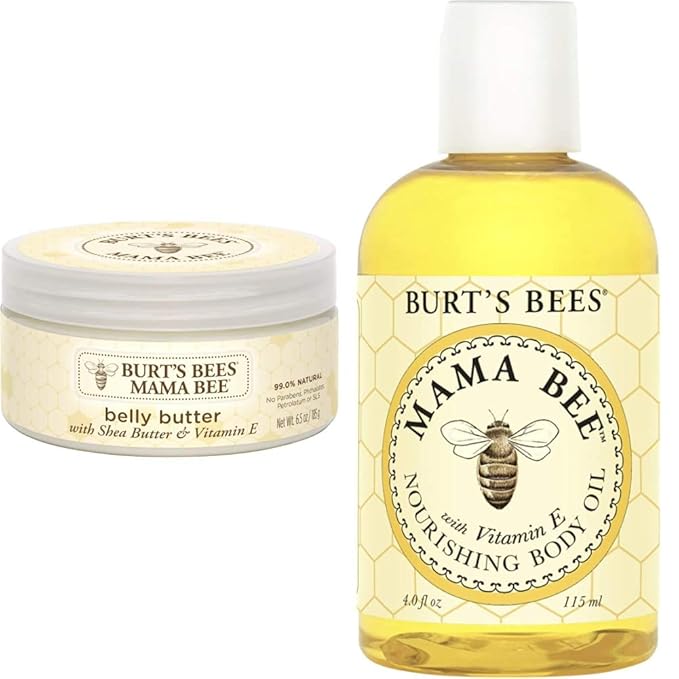 Burt's Bees Mama Bee Belly Butter, Fragrance Free Lotion, 6.5 Ounce Tub + 100% Natural Mama Bee Nourishing Body Oil, 4 Fl Oz