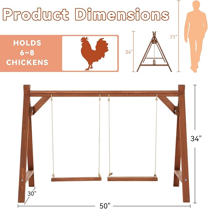 PETSFIT Chicken Roosting Bars for Hens with 2 Swings,Chickens Perch for Pet's Healthy and Play,Chicken Coop Accessories for 6-8 Chickens,Easy to Assemble and Clean