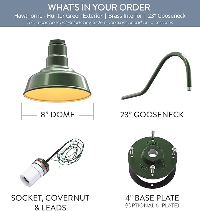 Steel Lighting Co. | Dusk to Dawn | Hawthorne Barn Light | Outdoor Wall Mounted | 8 in Dome | 23 inch Gooseneck| Small Farmhouse Light Made in America | Hunter Green/Brass