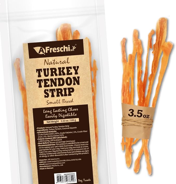 A Freschi srl Turkey Tendons for Dogs, USA-Sourced, Healthy Dog Treats, Rawhide-Free Puppy Chews, Long Lasting, All Natural, Hypoallergenic Dog Treats for Small Breeds, 3.53 oz Pack Strips