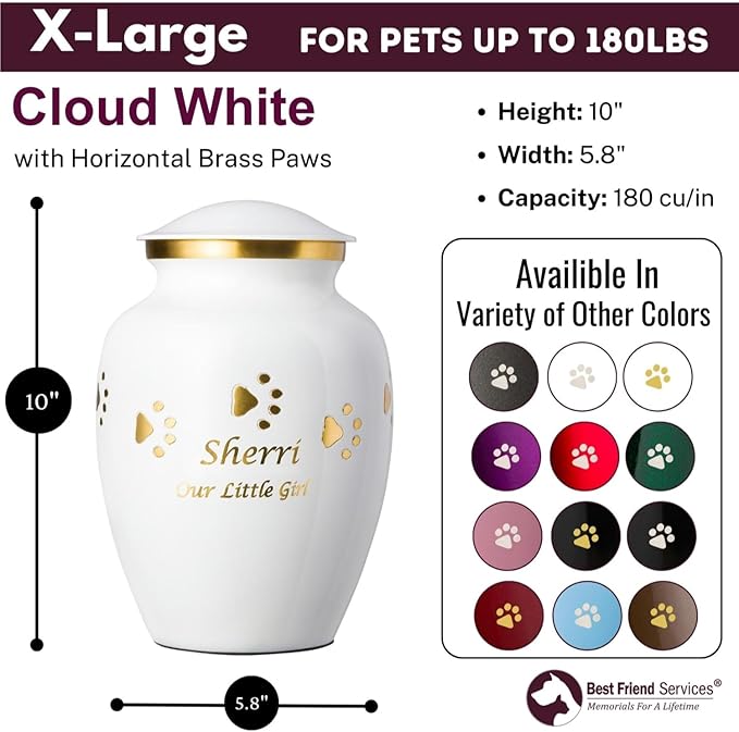 Pet Urn for Dogs and Cats with Personalized Laser Engraving, Ottillie Paws Premier Series Memorial Urns (X-Large Cloud White with Horizontal Brass Paws)