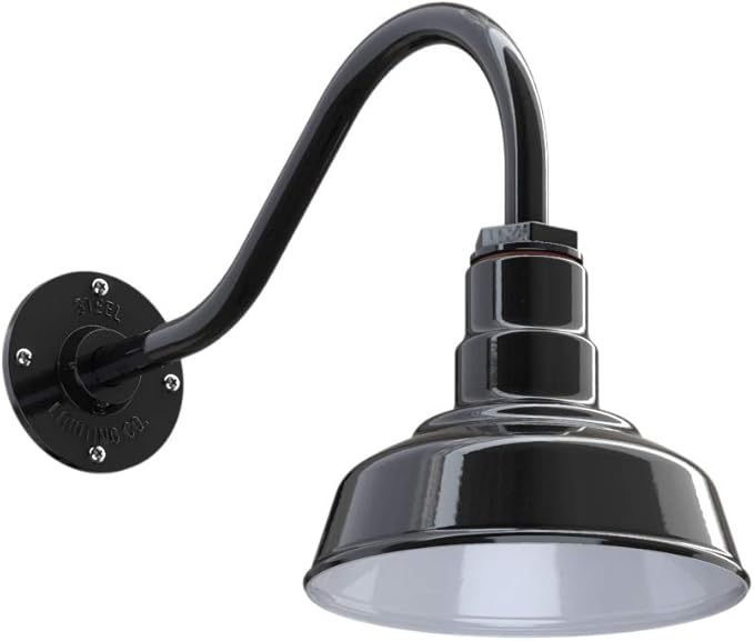 Steel Lighting Co. | Dusk to Dawn | Hawthorne Barn Light | Outdoor Wall Mounted | 8 in Dome | 16 inch Gooseneck| Small Farmhouse Light Made in America | Black Exterior/White Interior