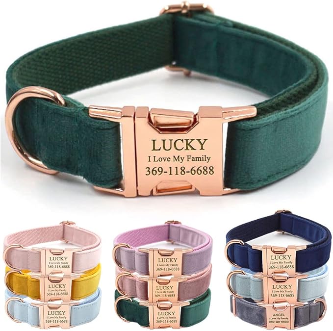 PETDURO Custom Dog Collar Personalized with Name Engraved Rose Gold Metal Buckle for Large Medium Small Dogs - Soft Cute Velvet Dog Leash and Bow Tie Available (Christmas Green RG, S)