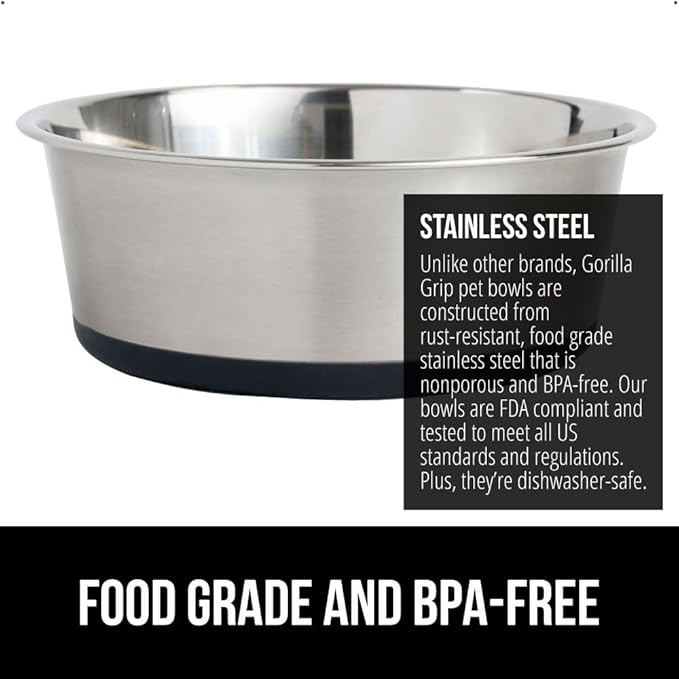GORILLA GRIP Dog Bowl, Holds 8 Cups (64 fl oz), Heavy Duty Metal Food and Water Bowl for Feeding Dogs and Cats, Easy Clean, Dishwasher Safe, Rust Resistant Stainless Steel, BPA Free Rubber Base, Black