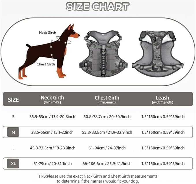 Tactical Dog Harness with Leash for Large Dogs, No Pull Adjustable Dog Harness, Reflective K9 Working Pet Vest for Walking, Training (Camouflage Grey, L)