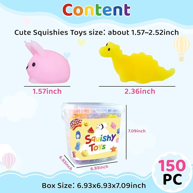 150 Pieces Kawaii Mini Animal Mochi Squishies Toy Party Favors for Kids 8-12 Fufu Bulk Squishy Slow Rising Sensory Fidget Toys for Classroom Prizes Set Christmas Pack Valentine Goodie Bags Easter Eggs