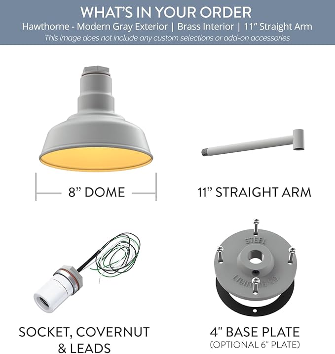 Steel Lighting Co. | Dusk to Dawn | Hawthorne Barn Light | Outdoor Wall Mounted | 8 in Dome | 11 inch Straight Arm| Small Farmhouse Light Made in America | Modern Gray/Brass