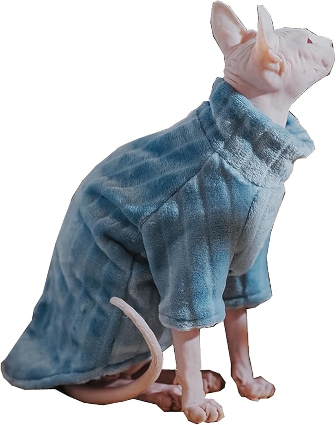 Turtleneck Sweater for Sphynx Cat Soft Coral Fleece Cat Clothes Thick Winter Warm Outfit Coat for Hairless Cats and Small Dogs Apparel with Sleeves (Blue, S (3-5 lbs))