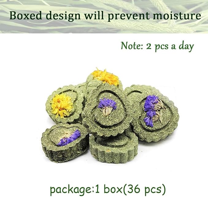 36Pcs Bunny Chew Toys,Natural Timothy Hay Handmade Grass Cakes Molar Treats for Bunny Chinchilla Guinea Pig Dwarf Rabbit Improves Teeth Health