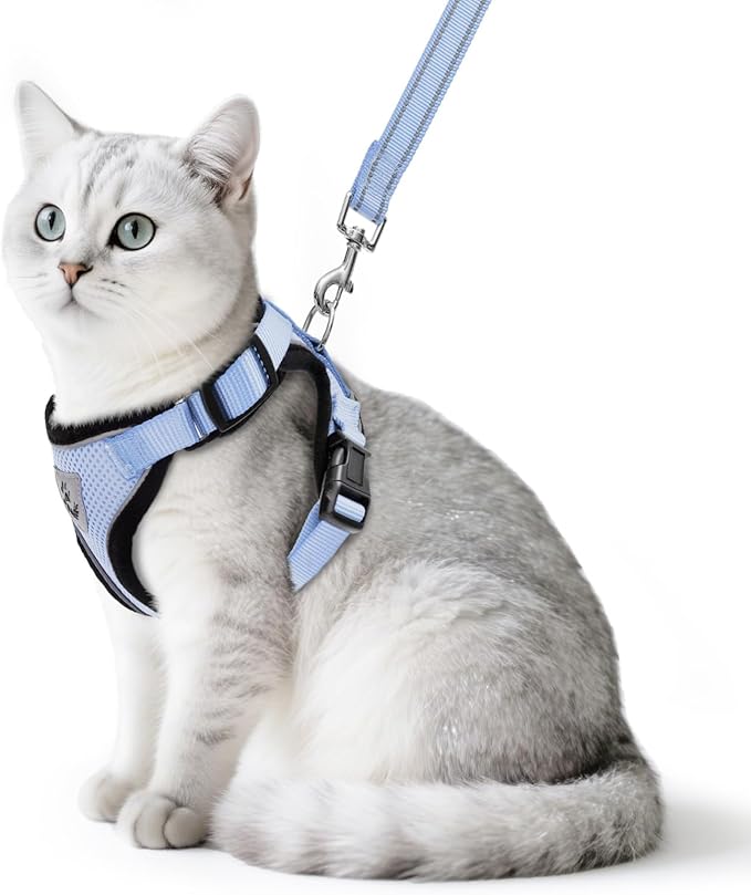 PUPTECK Cat Harness and Leash Set Escape Proof Reflective Cat Walking Harness Adjustable Soft Breathable Mesh Vest for Small Pets, Sky Blue, L