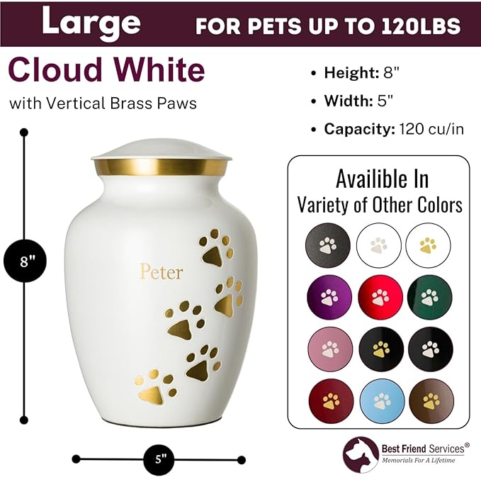 Pet Urn for Dogs and Cats with Personalized Laser Engraving, Ottillie Paws Premier Series Memorial Urns (Large Cloud White with Vertical Brass Paws)