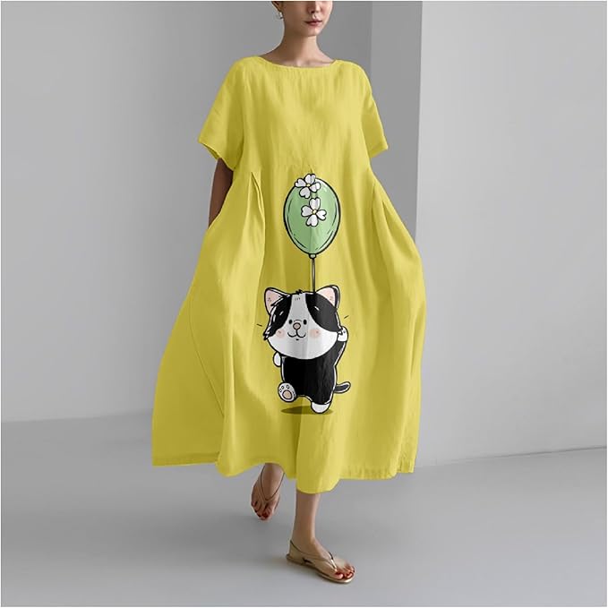 MARSVOVO Summer Dress for Women Funny Cat Graphic Cute Short Sleeve Maxi Dress Causal Plus Size Party Dress for Women