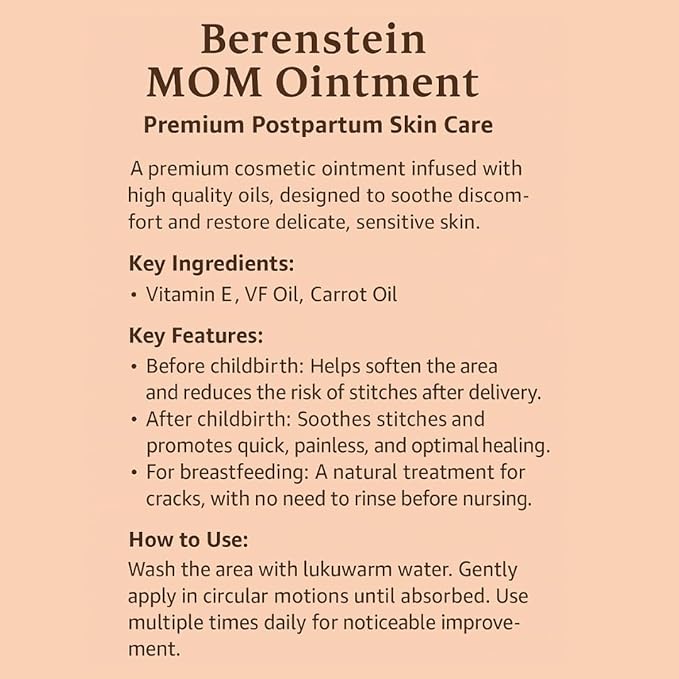 Berenstein MOM Ointment – Natural Soothing Cream with Carrot Oil & Vitamin E for Pre & Postpartum Care – Safe for Nursing – 30g