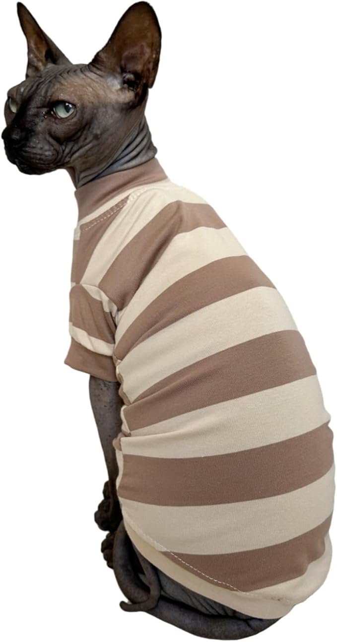 Sphynx Cat Clothes Shirts for Hairless Cat, Wide Stripe Cats Apparel, Kitten Summer Cotton T-Shirts with Sleeves for Cornish Rex, Devon Rex, Peterbald (Coffee, X-Large)