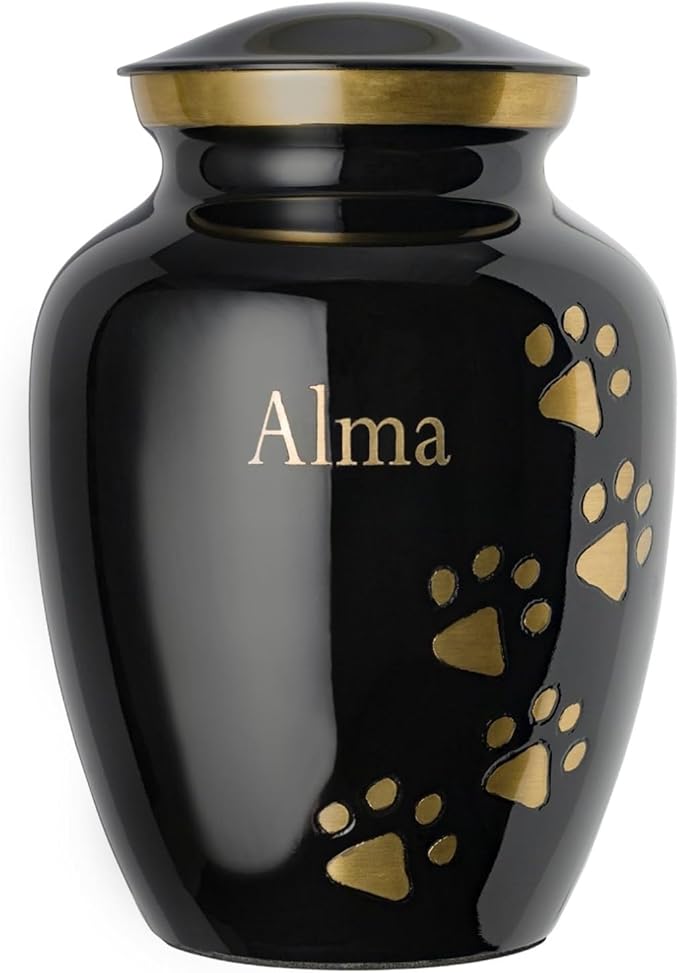 Pet Urn for Dogs and Cats with Personalized Laser Engraving, Ottillie Paws Premier Series Memorial Urns (Medium Ebony with Vertical Brass Paws)