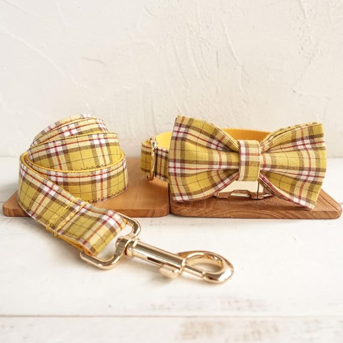 PETDURO Personalized Plaid Dog Collar Lemon Yellow - Engraved Name and Phone Number on Gold Metal Buckle - Custom for Small Medium Large Boy Girl Dogs - Add Leash Bow Tie via Customize Now