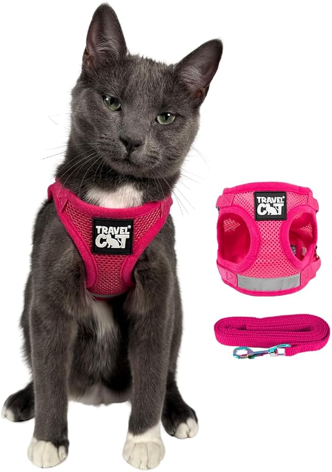 Travel Cat Harness and Leash Set - Adjustable Fit Mesh Cat Harness and Reflective Strap - Comfort Walking Vest for Kitten for Outdoor Walking, Hiking (Large)