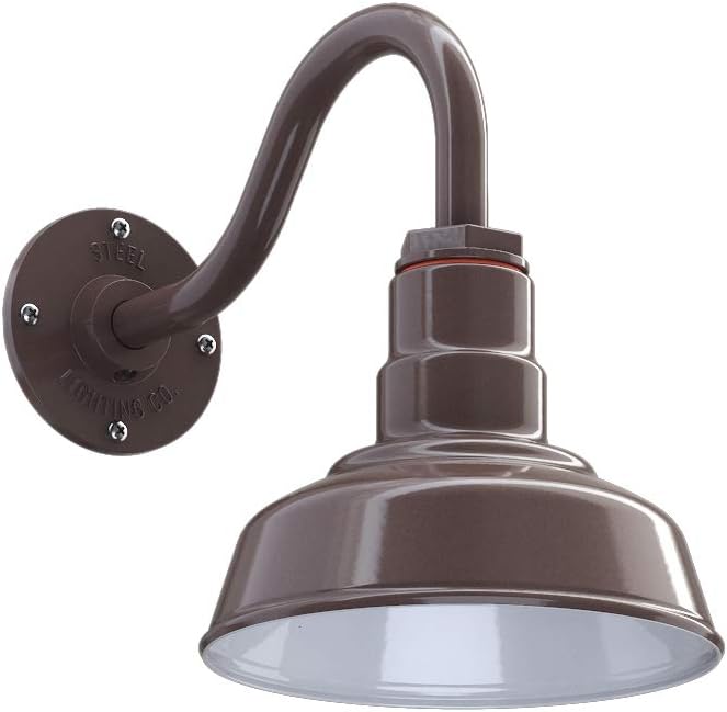 Steel Lighting Co. | Dusk to Dawn | Hawthorne Barn Light | Outdoor Wall Mounted | 8 in Dome | 11 inch Gooseneck| Small Farmhouse Light Made in America | Dark Bronze Exterior/White Interior