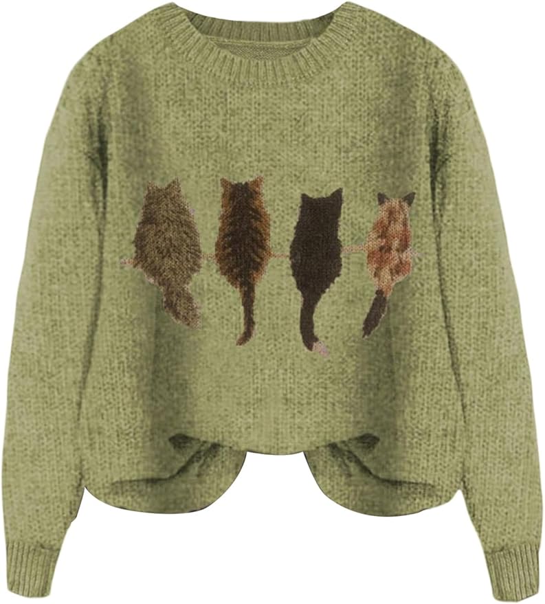 WDIRARA Women's Cat Graphic Sweater Long Sleeve Crew Neck Knit Tops Casual Knitwear