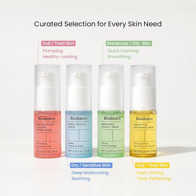 BIODANCE Serum Discovery Set: 4 Mini Serums Set, Korean Skin Care with Collagen Peptide, Ceramide Panthenol, Sea Kelp, Vitamin C Niacinamide, Skin Care Set | 10ml x 4 Serums