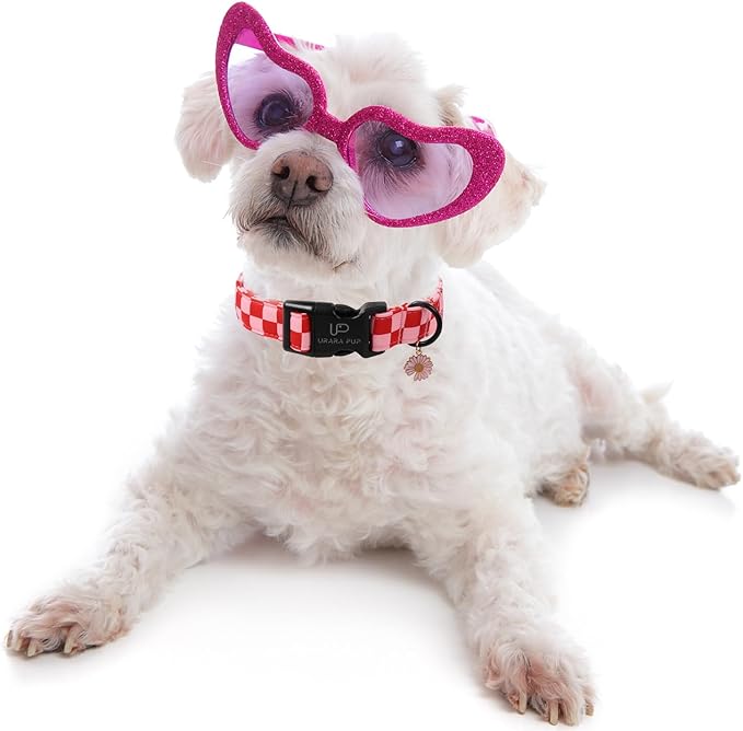 Red and Pink Plaid Dog Collarwith Bow Tie– Adjustable Red & Pink Checkered Dog Collar for Small Medium Large Dogs, Soft Xmas Plaid Puppy Collars with Quick Release Buckle L