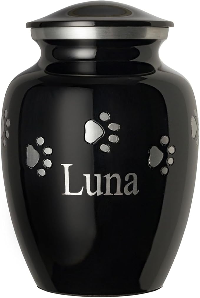 Pet Urn for Dogs and Cats with Personalized Laser Engraving, Ottillie Paws Premier Series Memorial Urns (X-Large Ebony with Horizontal Pewter Paws)