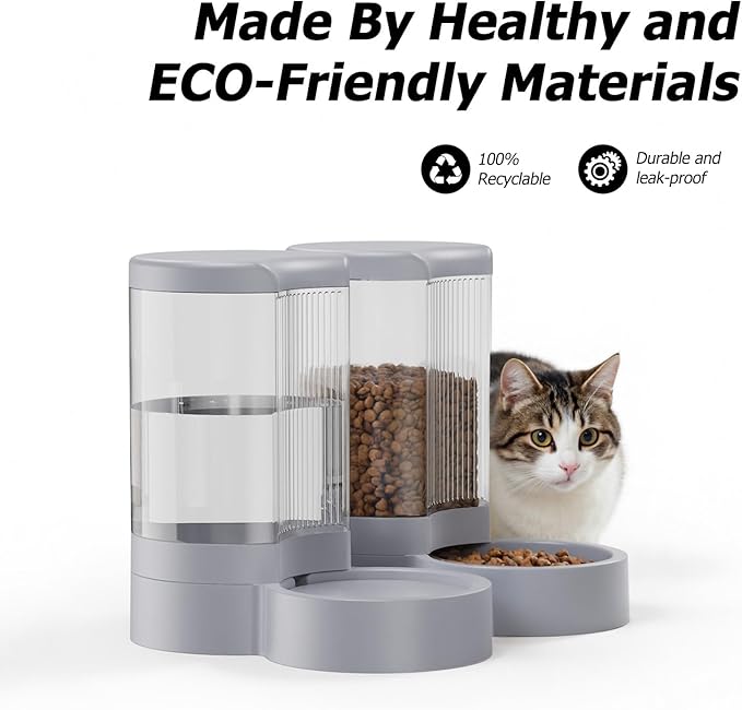Pet Feeder and Water Dispenser Automatic for Dogs Cats,Waterer and Gravity Food Feeder for Small & Medium Dogs Cats Puppies,6-Pound Food,1-Gallon Water, Easily Clean (Gray)