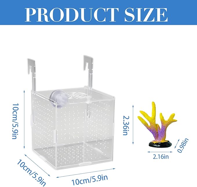 Acrylic Fish Breeding Box for Tank, 5.9×5.9×5.9in Fish Breeder Box for Aquarium with Suction Cups, Aquarium Breeding Box with Coral for Small Baby Fishes Shrimp Clownfish