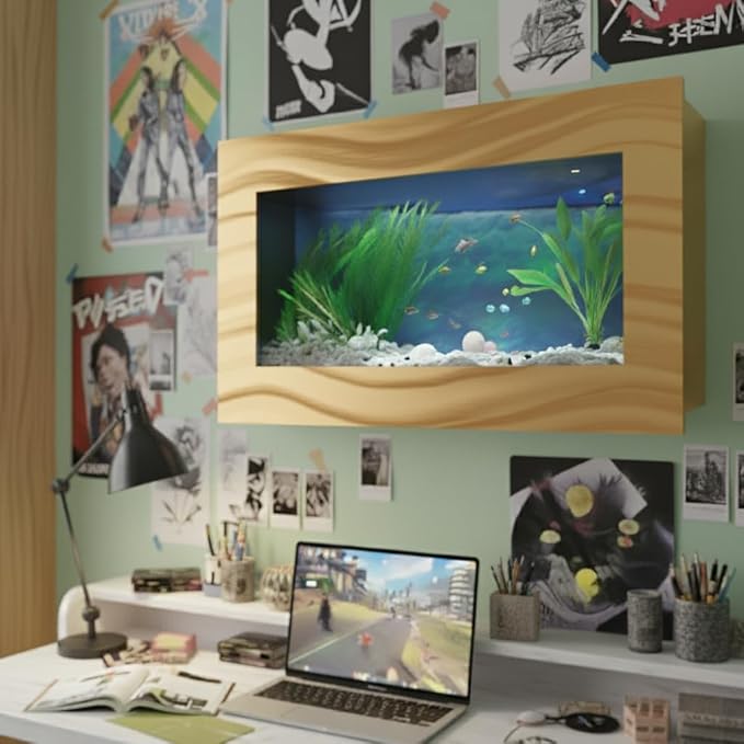 Aussie Aquariums 3.0 Wall Mounted Fish Tank Kit with LED Lighting, Built-in Filter System, Modern Space-Saving Design, Complete Accessories Set (Skyline, Gold)