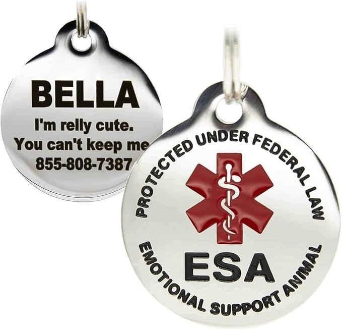 Engraved Emotional Support Animal (ESA) Personalized with 4 Lines of Custom Engraved ID Stainless Steel Enameled Regular