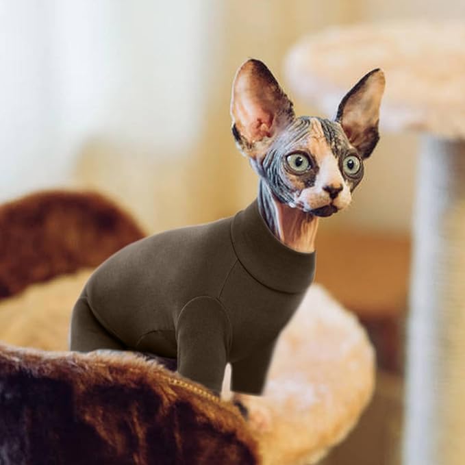 ROZKITCH Hairless Cat Shirt, Turtleneck Sweater for Cat, Sphynx Cats Shirt Hairless Sweaters with Sleeves, Warm and Soft Kitten Pullover Fleece Winter Pajamas Jumpsuit for Puppy Cats Coffee S