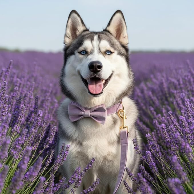 PETDURO Personalized Dog Collar Lavender Soft Velvet for Large Medium Small Boy Girl Dogs - Custom Collar with Name Phone Number Engraved on Gold Metal Buckle - Add Leash Bow Set via Customize Now