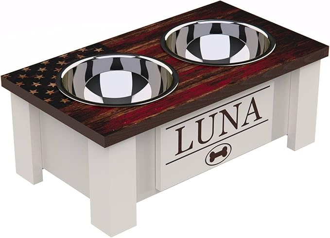 GTW Personalized Elevated Dog Bowl Stand for Large, Medium, Small, X-Small Dogs - Stainless Steel Food and Water Bowls - Raised Dog Dish with Internal Storage (Small, Flag Design)