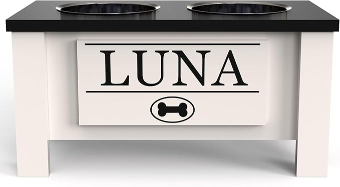GTW Personalized Elevated Dog Bowl Stand for Large, Medium, Small, X-Small Dogs - Stainless Steel Food and Water Bowls - Raised Dog Dish with Internal Storage (Medium, Black)