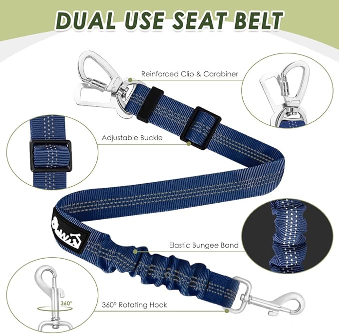Lukovee Dog Seat Belt - Adjustable Dog Car Harness for Large, Medium & Small Dogs, Soft Padded & Breathable Mesh Dog Seatbelt with Car Vehicle Connector Strap (Blue Double Clip, Medium)
