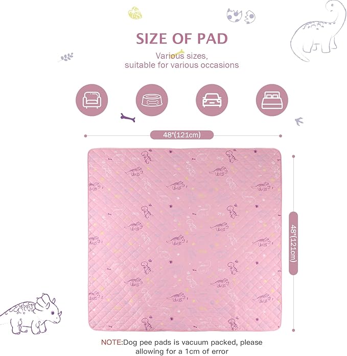 IEUUMLER Washable Pee Pads for Dogs, 1 Pack Non-Slip & Waterproof Pack Whelping Pad, Reusable Washable Puppy Potty Training Pad with Fast Absorbent for Playpen EU007 (Pink Dinosaur, 48"X48"-1pcs)