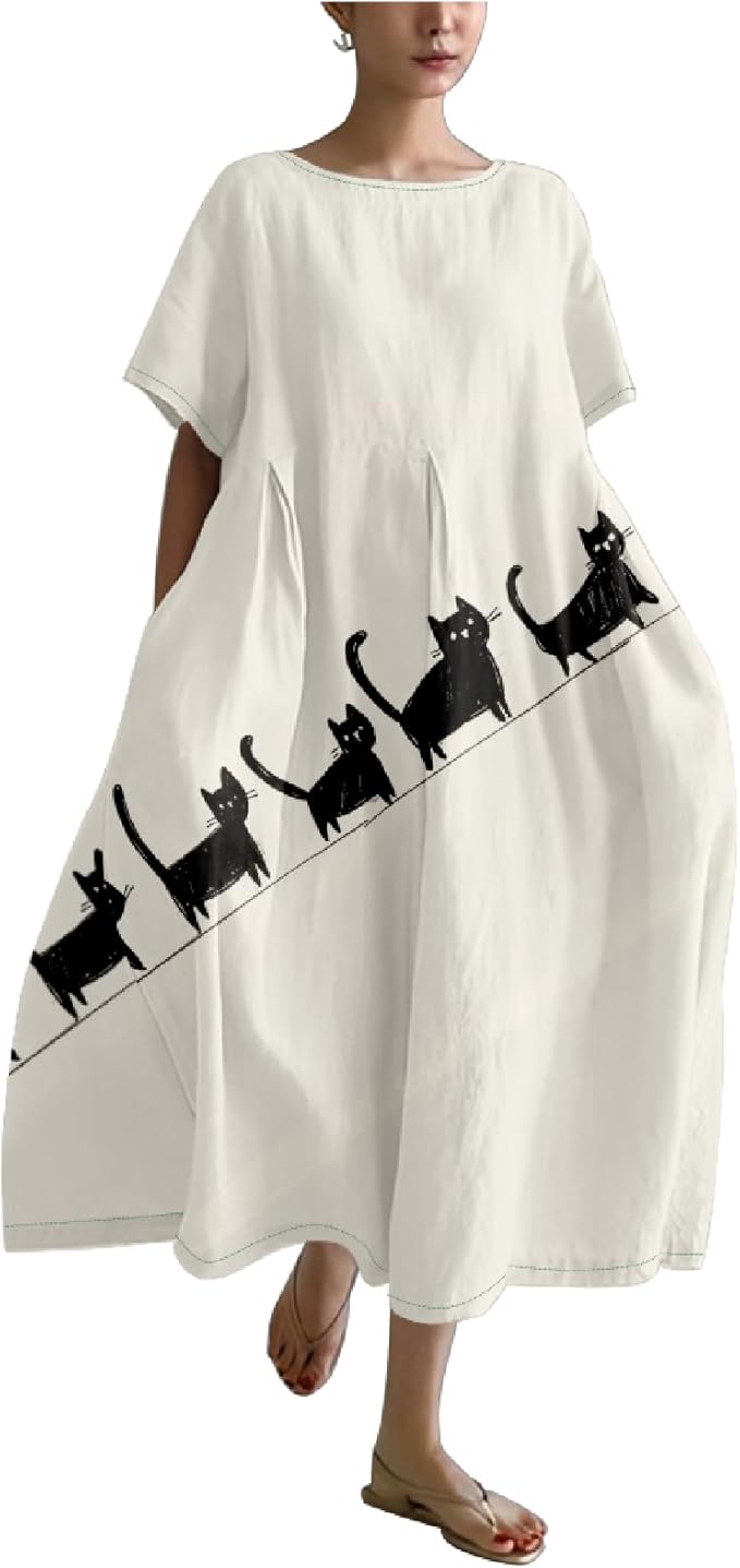 MARSVOVO Summer Dress for Women Funny Cat Graphic Cute Short Sleeve Maxi Dress Causal Plus Size Party Dress for Women