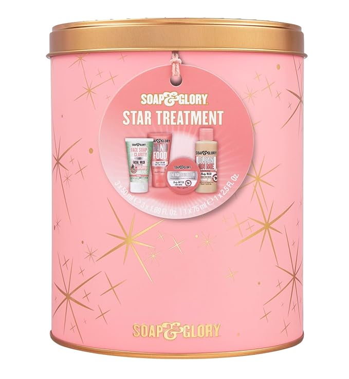 Soap & Glory Star Treatment Skin Care Set - Includes Hand Food Hand Cream, The Righteous Body Butter Cream, Clean on Me Shower Gel & Face Soap and Clarity Vitamin C Facial Cleanser (4 Pieces)