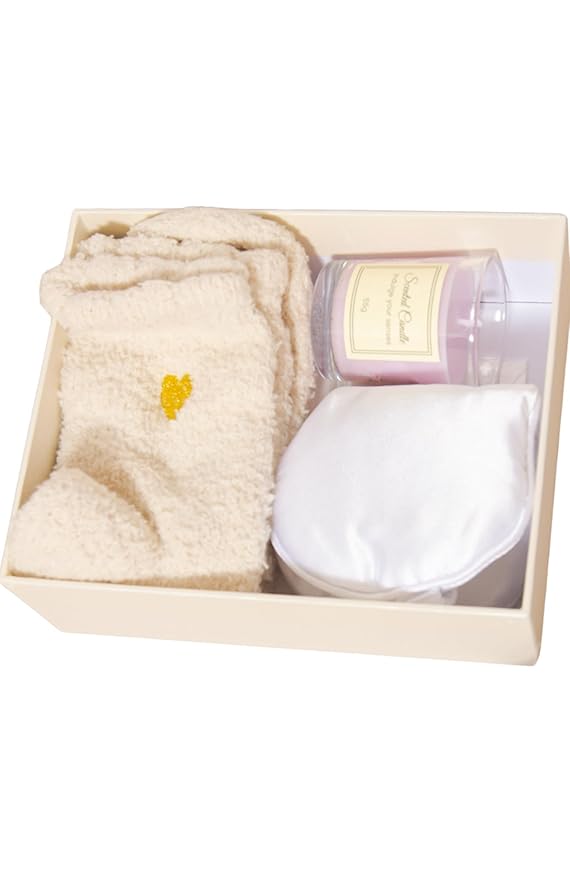 Spa Gift Set for Women – Relaxation Kit with Candle, Fuzzy Socks, Satin Eye Mask, Dried Flower Greeting Card – Gift Box for Birthday, Thank You, Bridesmaid (Ivory White)