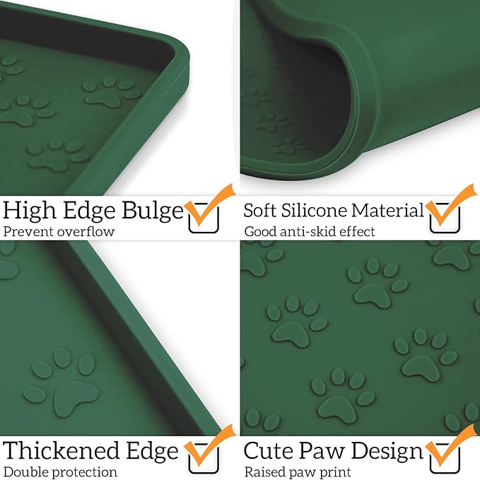 Ptlom Pet Placemat for Dog and Cat, Waterproof Silicone Pet Feeding Bowl Mats for Food and Water, Small Medium Large Dogs Mat Prevent Residues from Spilling to Floor, Hunter Green, 18" 12"