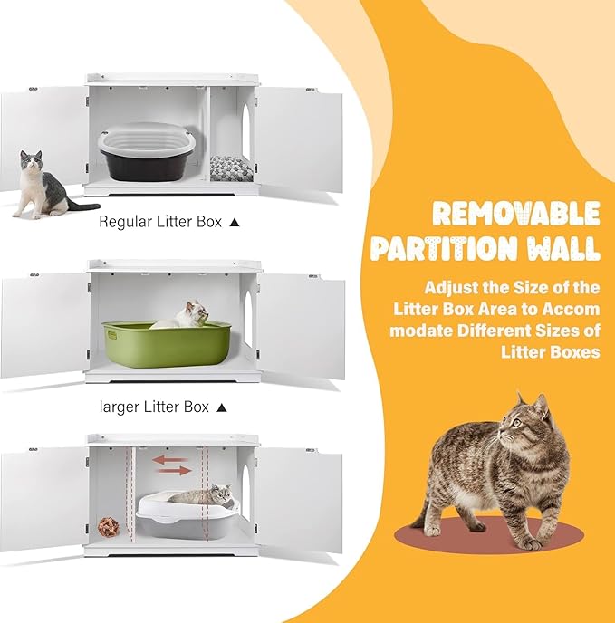 Cat Litter Box Enclosure Furniture Wooden w/Adjustable Divider, Indoor Cat House Storage Cabinet,End Table,for Large Cats, White