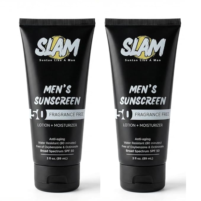 SLAM Men's Sunscreen Lotion SPF 50 & Moisturizer – Face & Body Sunblock, Anti-Aging, Water-Resistant, Hawaii Act 104 Safe, Skincare for Men, Unscented – 3 fl oz.each. Double pack.