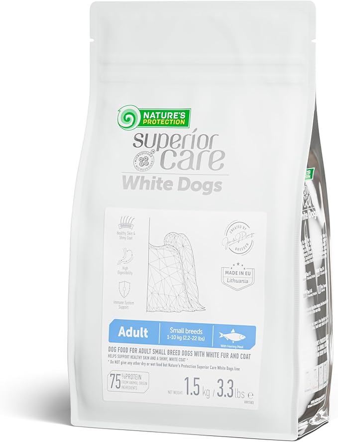 Nature's Protection Grain Free Dry Dog Food for Small Breed - High Protein Tear Stain Formula - Small Kibble for Adult Dogs with Light Fur (Superior Care - Herring, 3.3 lb)