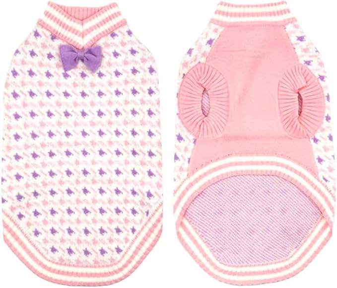 Samll Dog Sweaters Girl Pet V-Neck Christmas Halloween Dog Sweater Knit for Pomeranian Bichon Frise Pug Cold Weather Outfit Pet Formal Dress Cat Sweater (Pink，L)